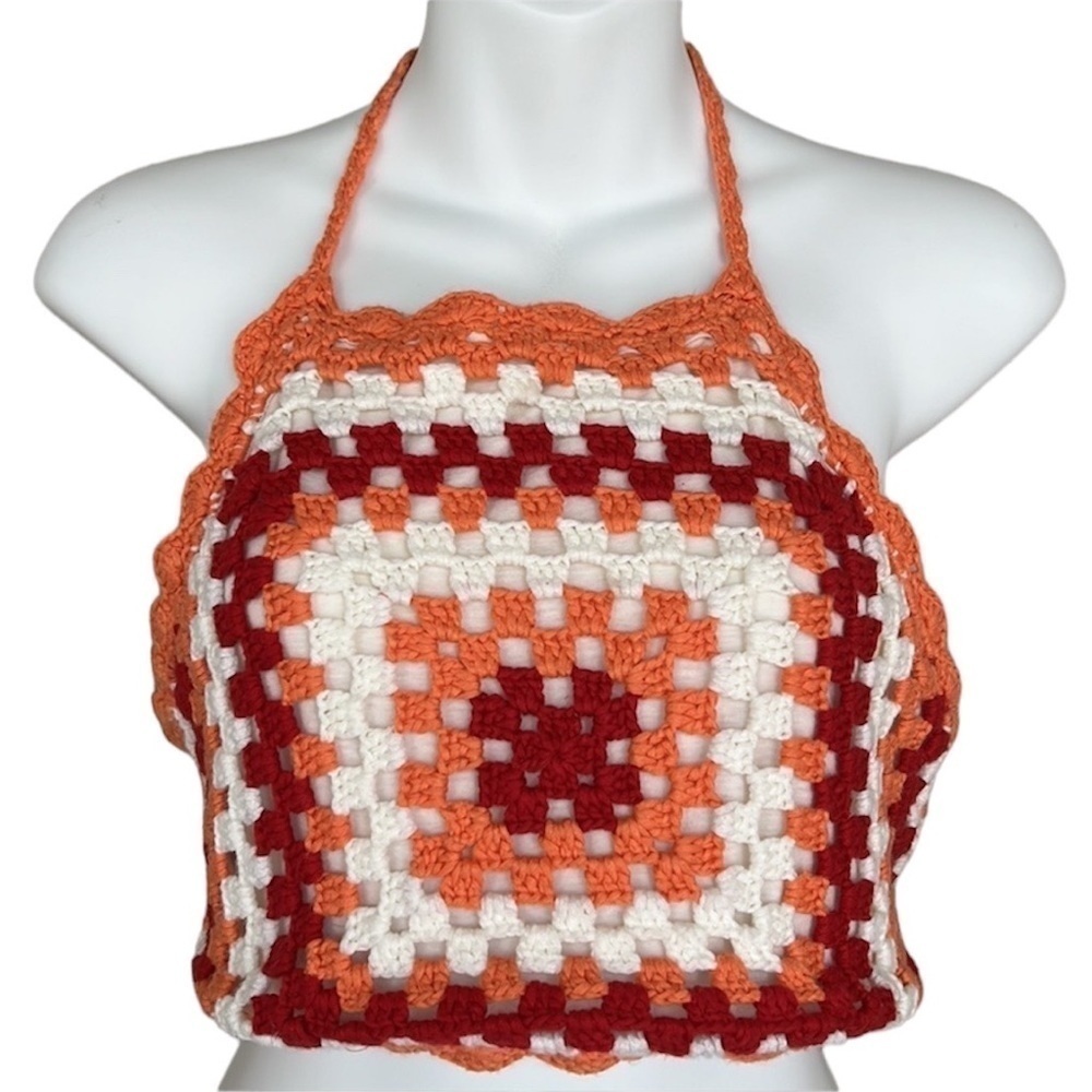 Full Tilt Boho Crochet Lined Halter Top Orange Red Cream Size M